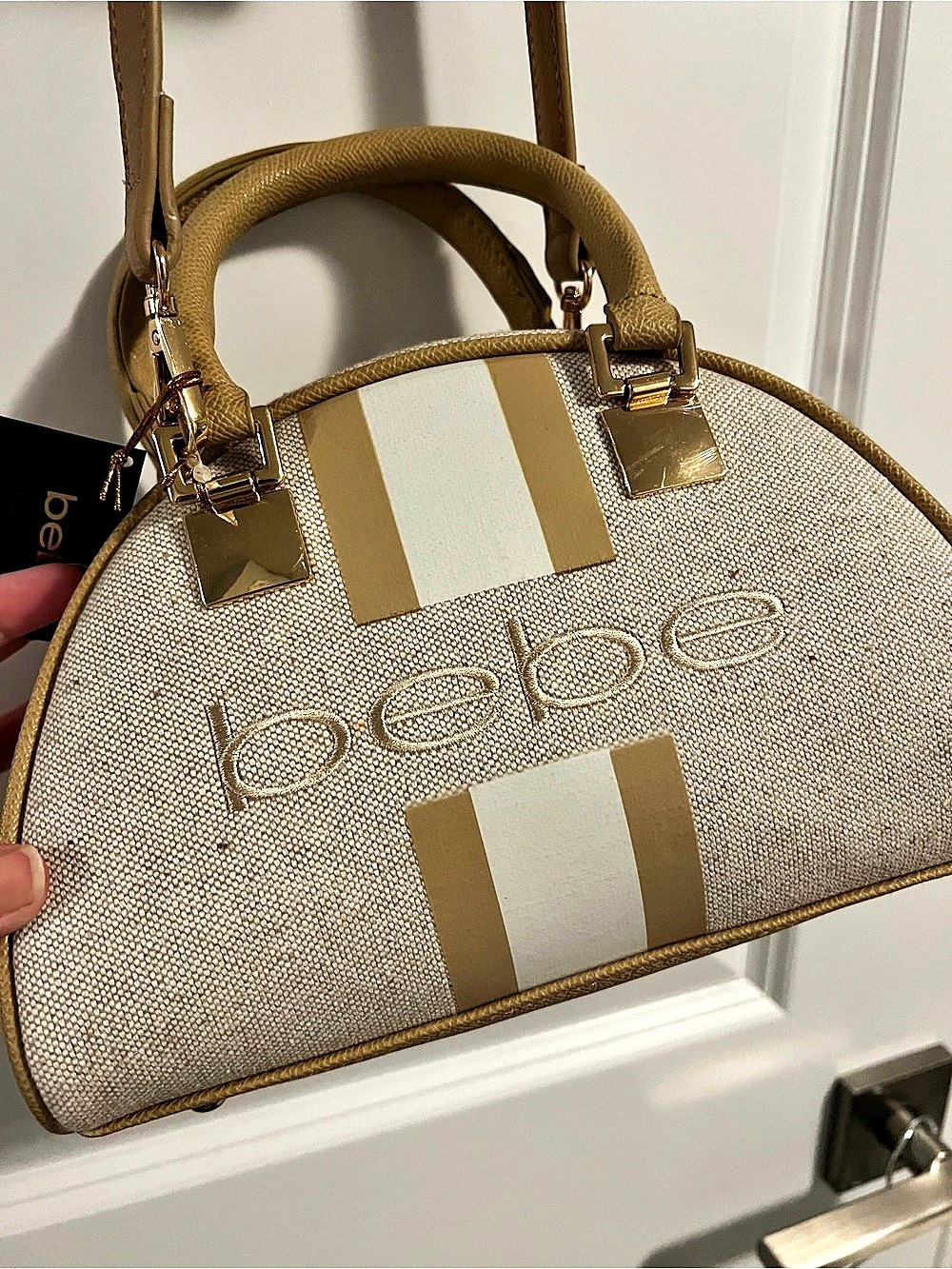 Bebe Almond Small Canvas Bowler Color Block Satchel in Beige NWT